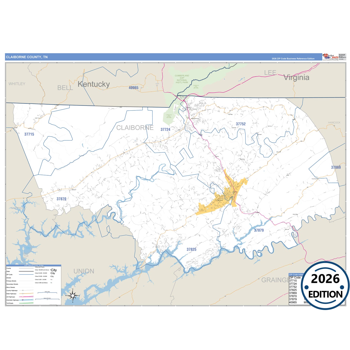 Claiborne County, TN Business Reference 5 Digit ZIP Code Wall Map