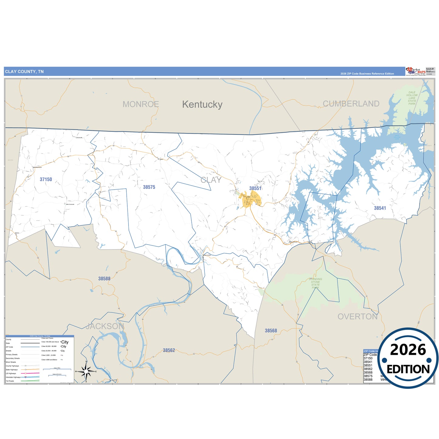 Clay County, TN Business Reference 5 Digit ZIP Code Wall Map