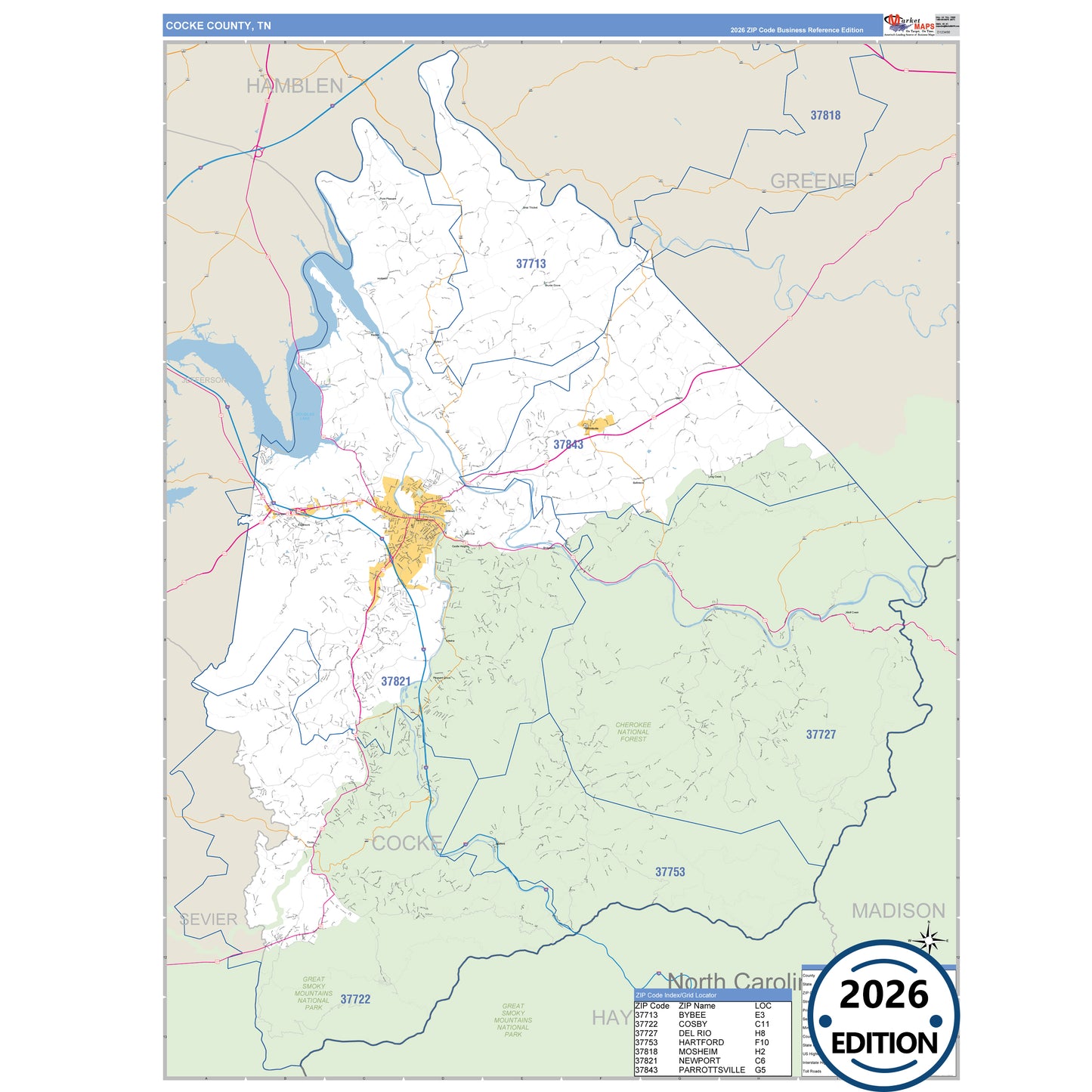 Cocke County, TN Business Reference 5 Digit ZIP Code Wall Map