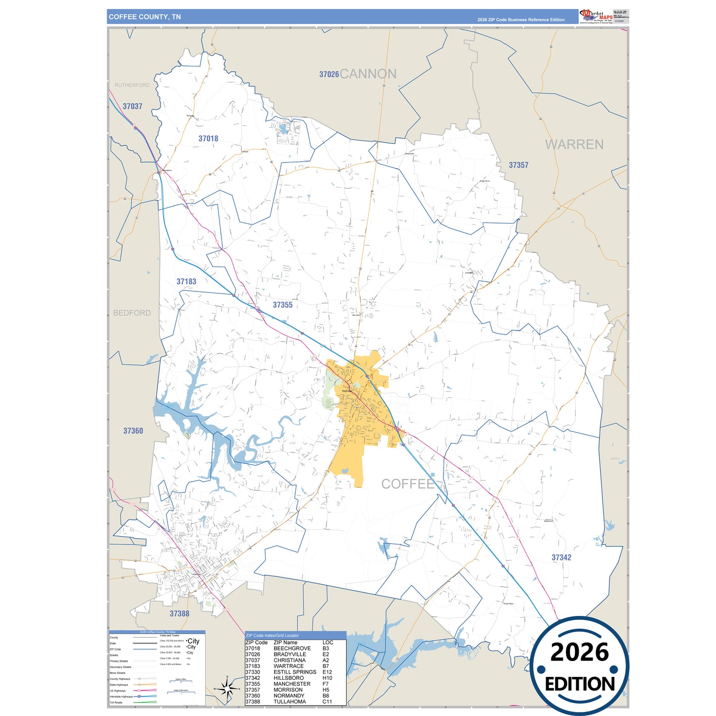 Coffee County, TN Business Reference 5 Digit ZIP Code Wall Map