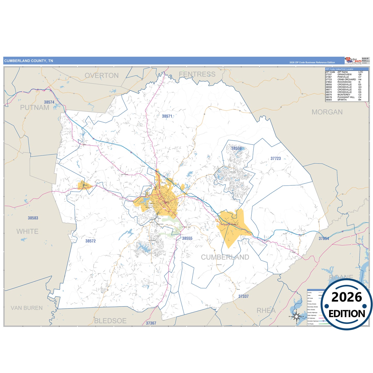 Cumberland County, TN Business Reference 5 Digit ZIP Code Wall Map