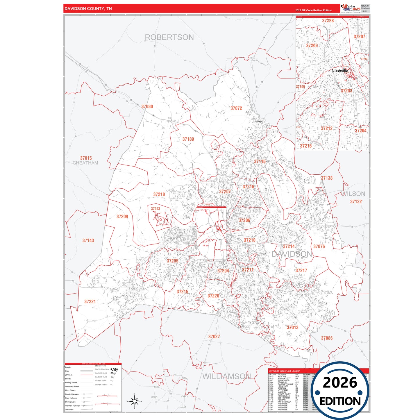 Davidson County, TN Red Line 5 Digit ZIP Code Wall Map