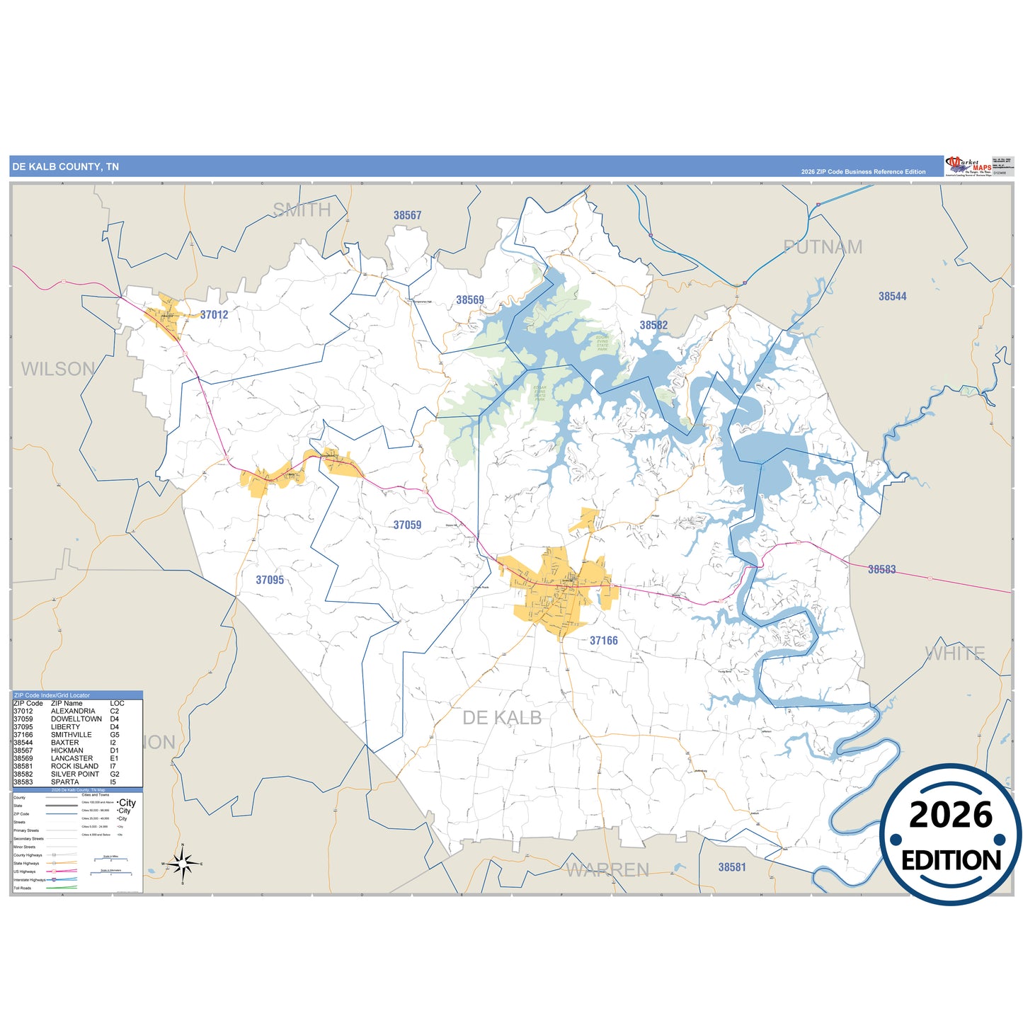 DeKalb County, TN Business Reference 5 Digit ZIP Code Wall Map