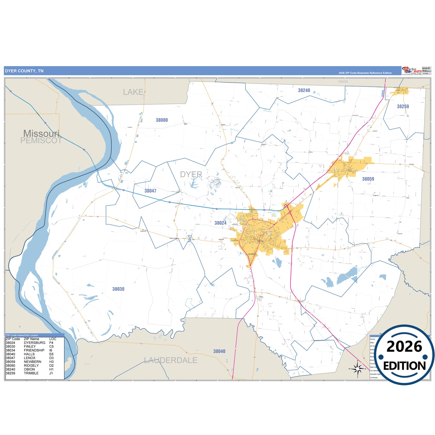 Dyer County, TN Business Reference 5 Digit ZIP Code Wall Map