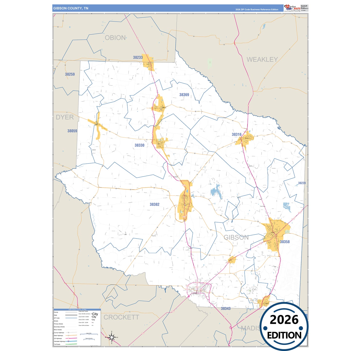 Gibson County, TN Business Reference 5 Digit ZIP Code Wall Map