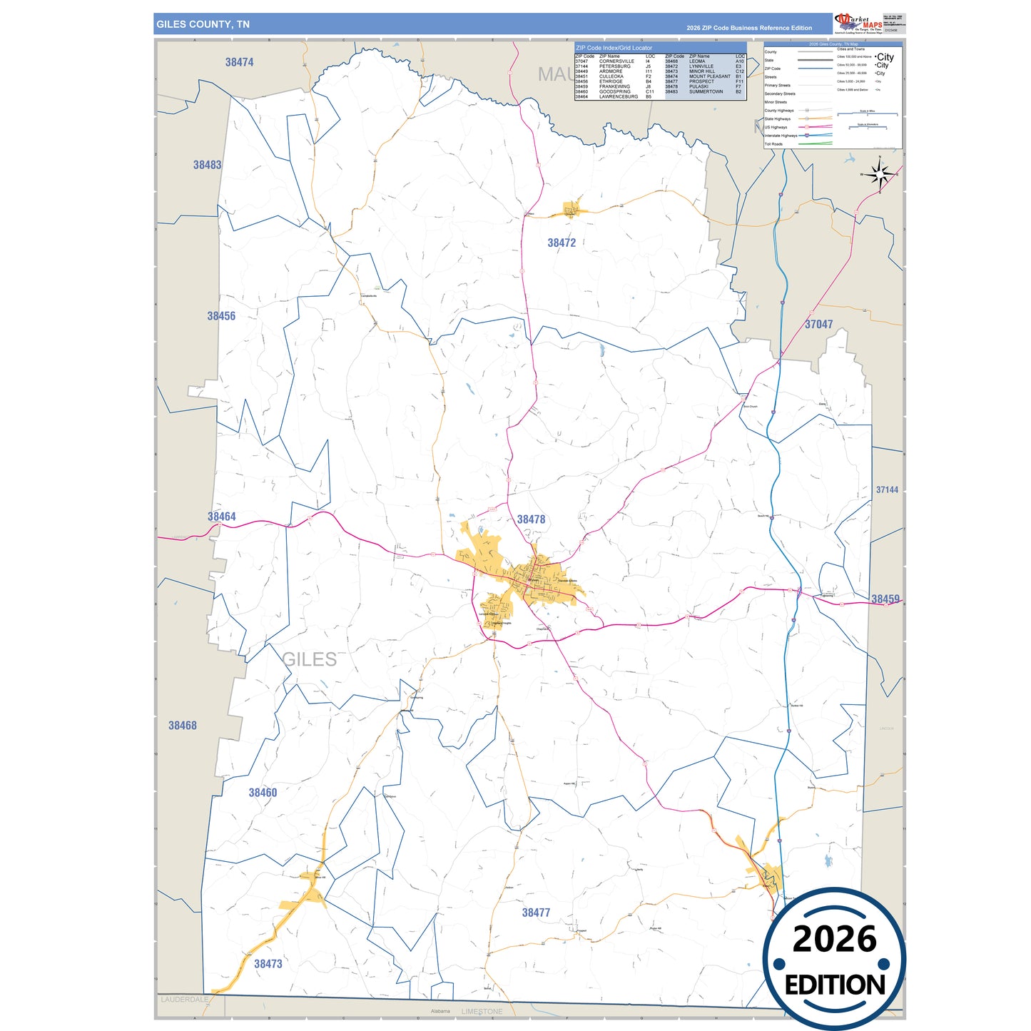 Giles County, TN Business Reference 5 Digit ZIP Code Wall Map