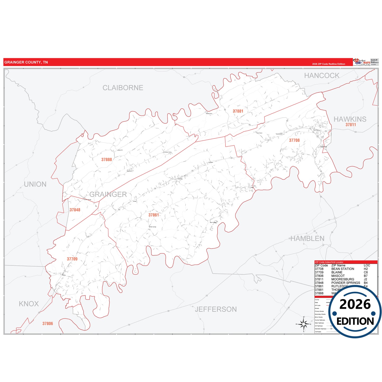 Grainger County, TN Red Line 5 Digit ZIP Code Wall Map