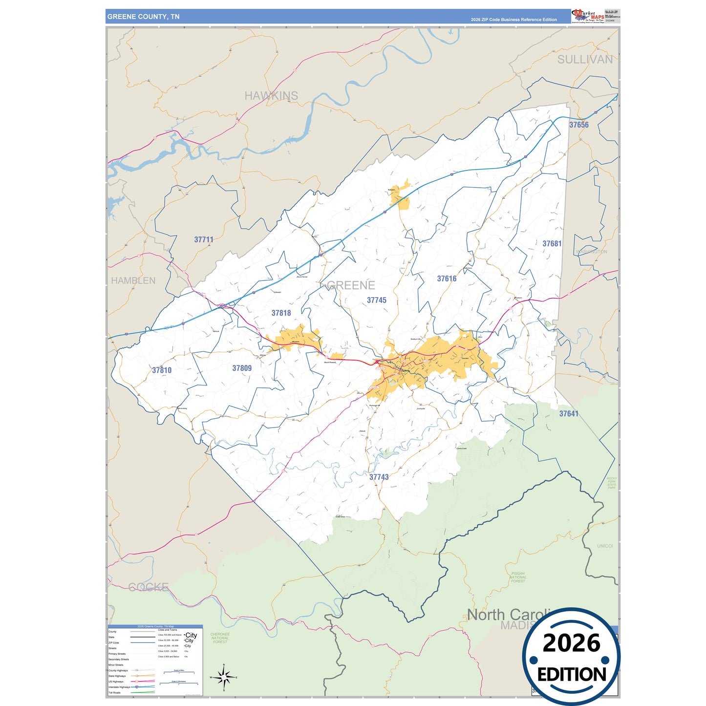 Greene County, TN Business Reference 5 Digit ZIP Code Wall Map