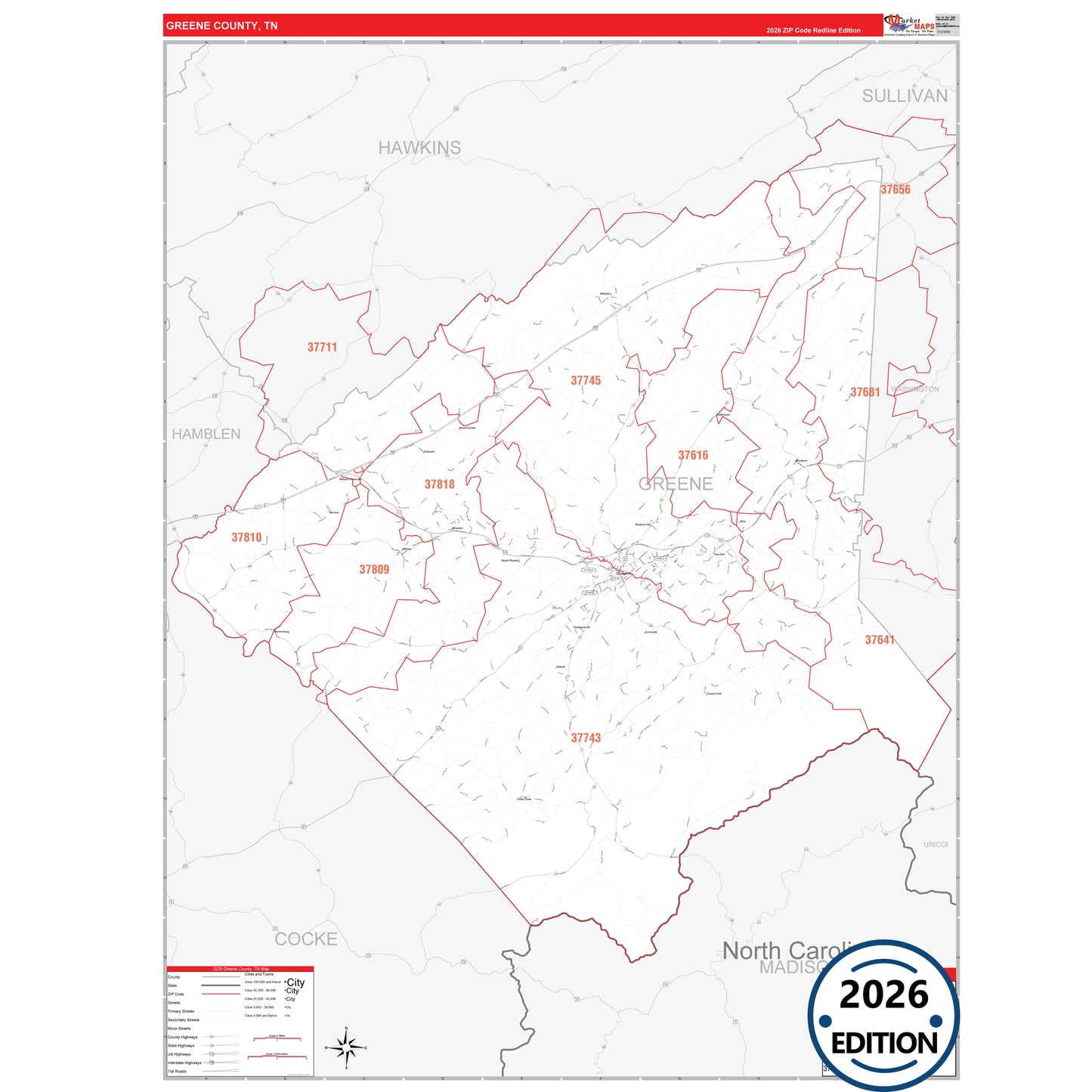 Greene County, TN Red Line 5 Digit ZIP Code Wall Map