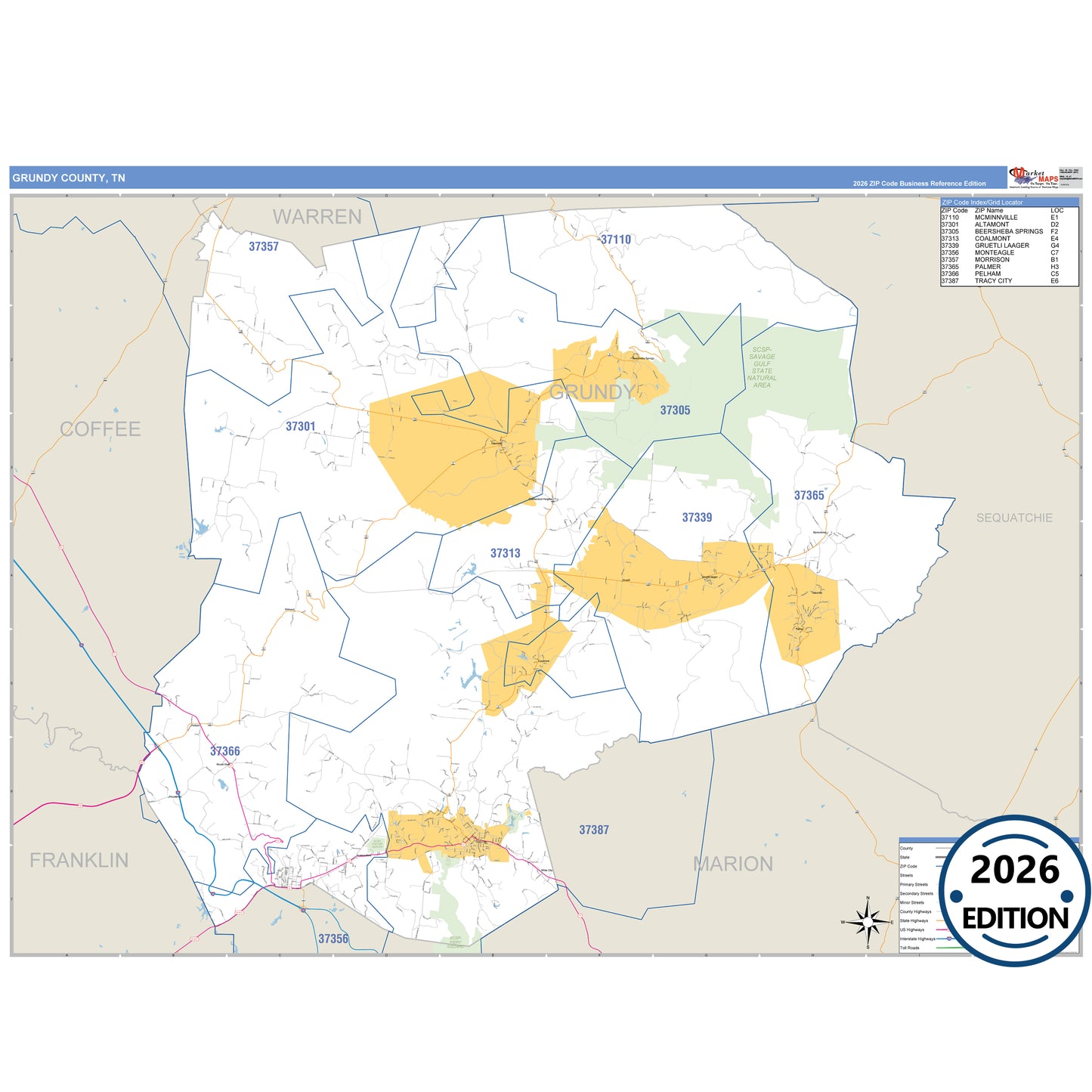 Grundy County, TN Business Reference 5 Digit ZIP Code Wall Map