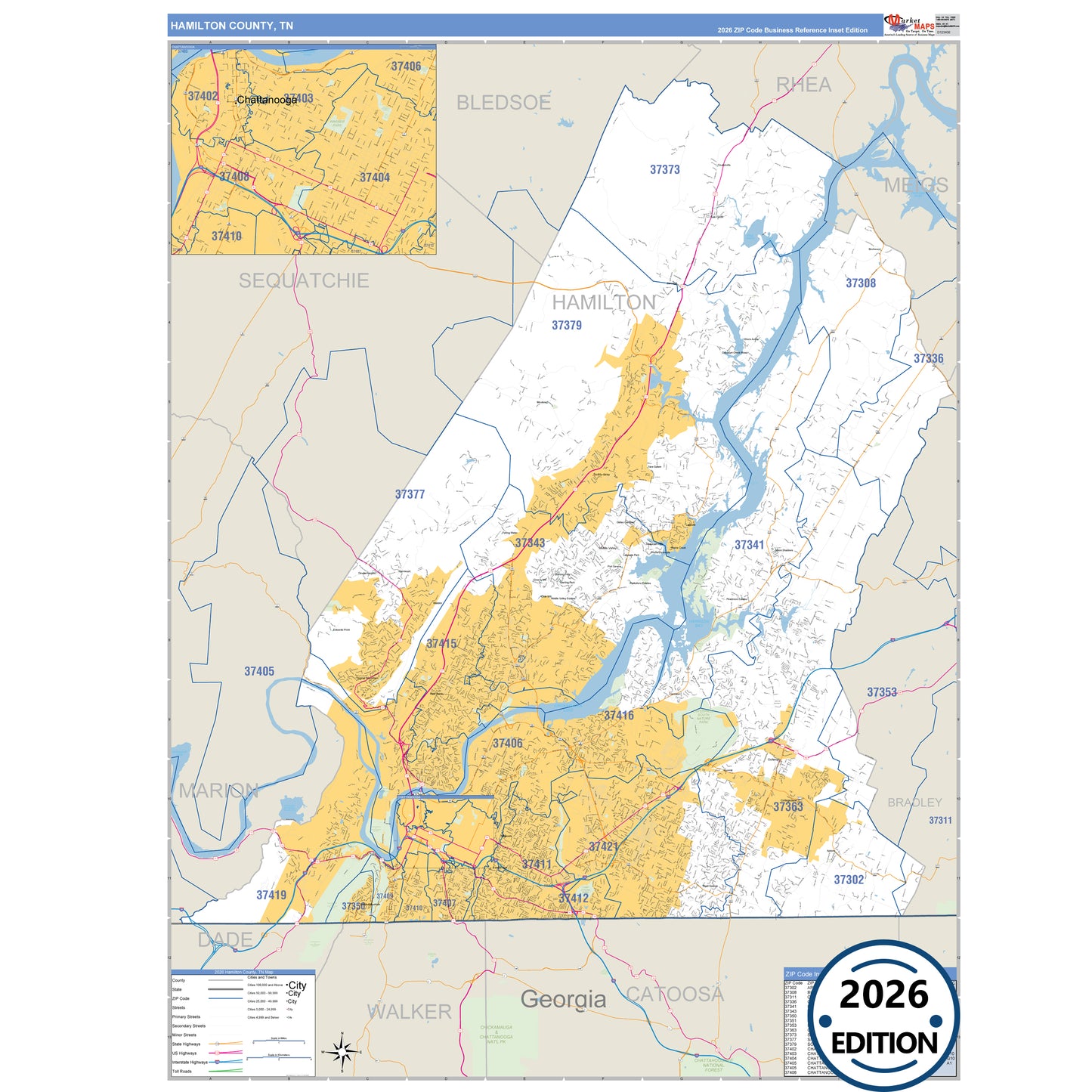 Hamilton County, TN Business Reference 5 Digit ZIP Code Wall Map