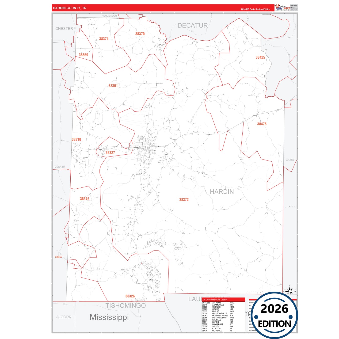 Hardin County, TN Red Line 5 Digit ZIP Code Wall Map