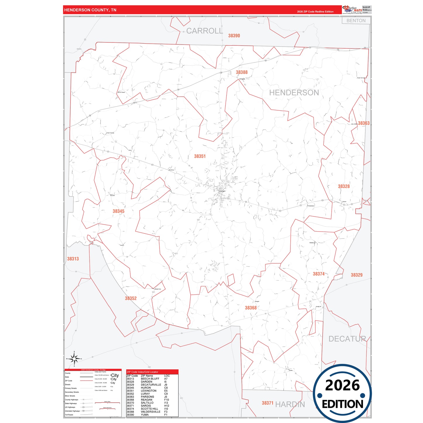 Henderson County, TN Red Line 5 Digit ZIP Code Wall Map