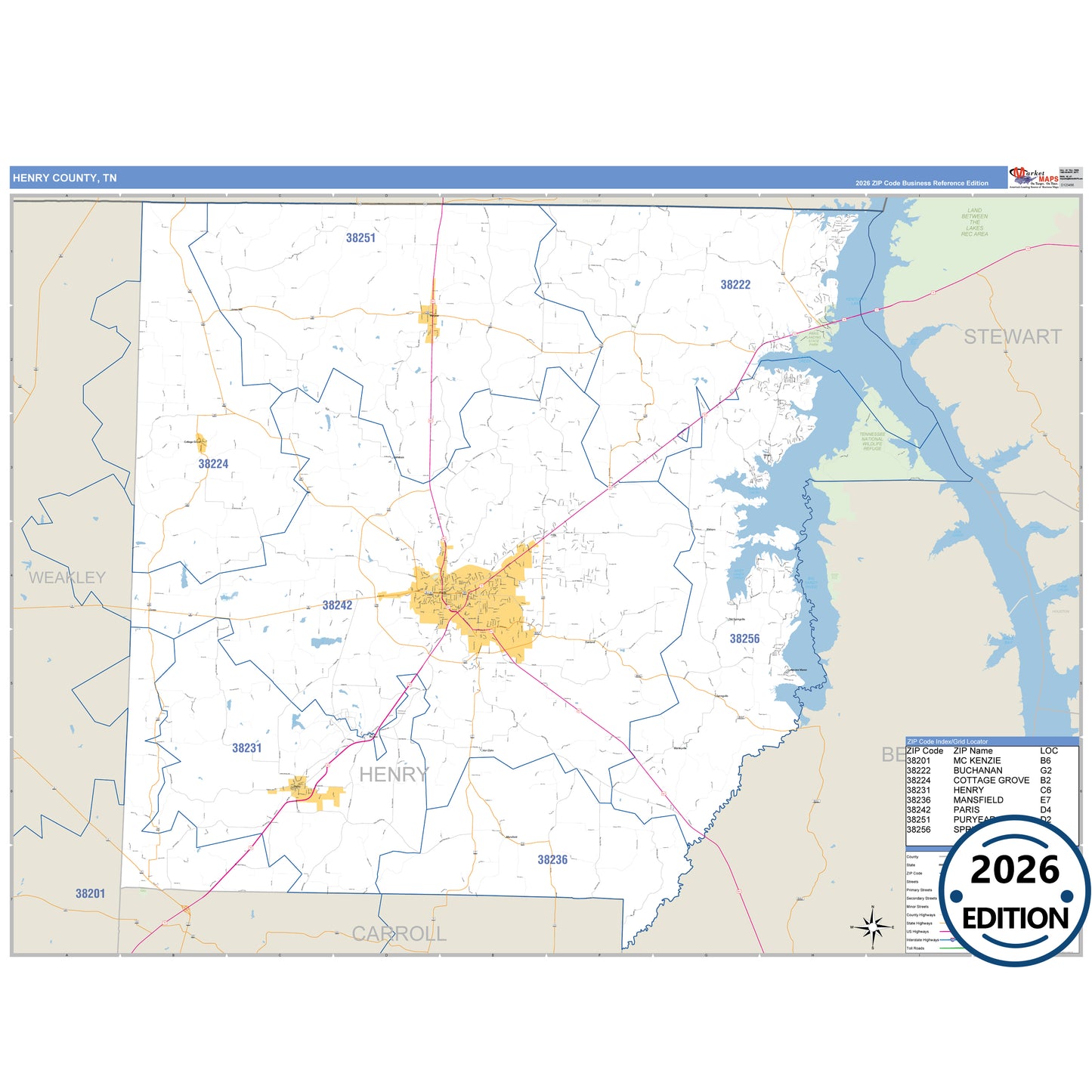 Henry County, TN Business Reference 5 Digit ZIP Code Wall Map