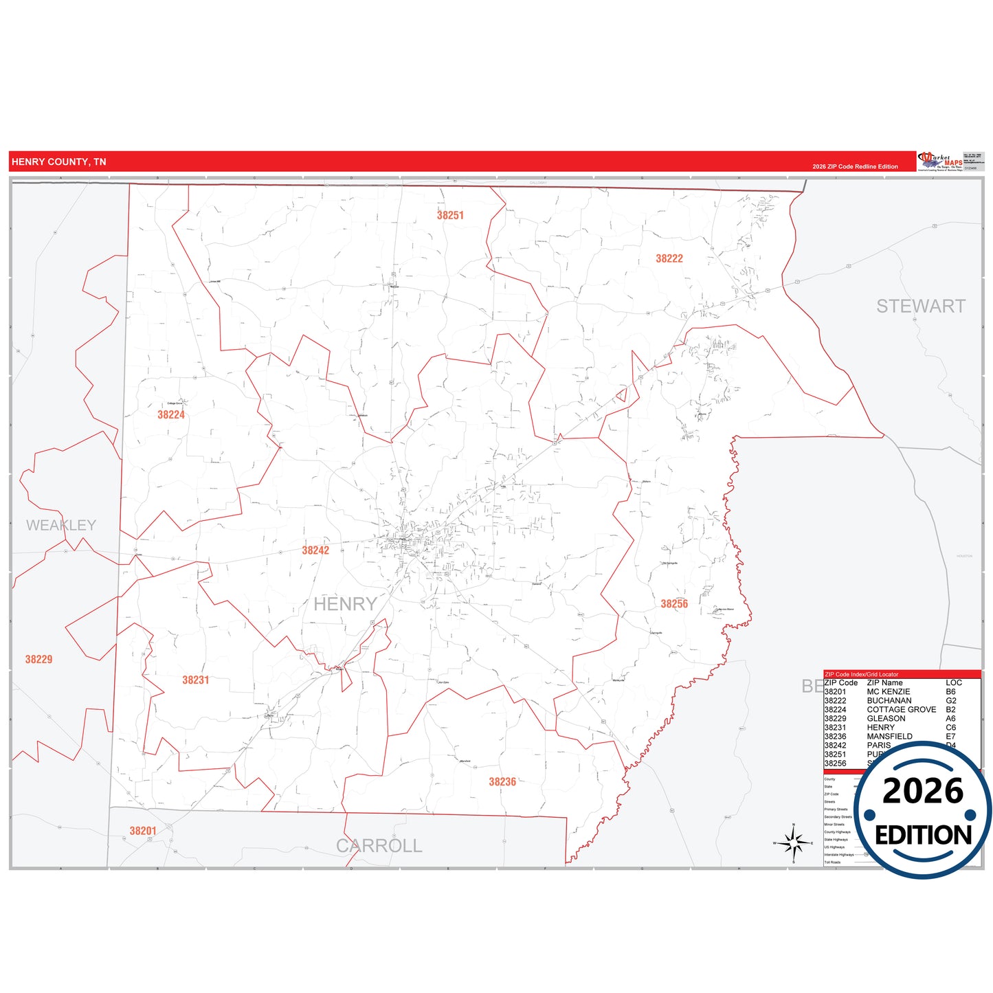 Henry County, TN Red Line 5 Digit ZIP Code Wall Map