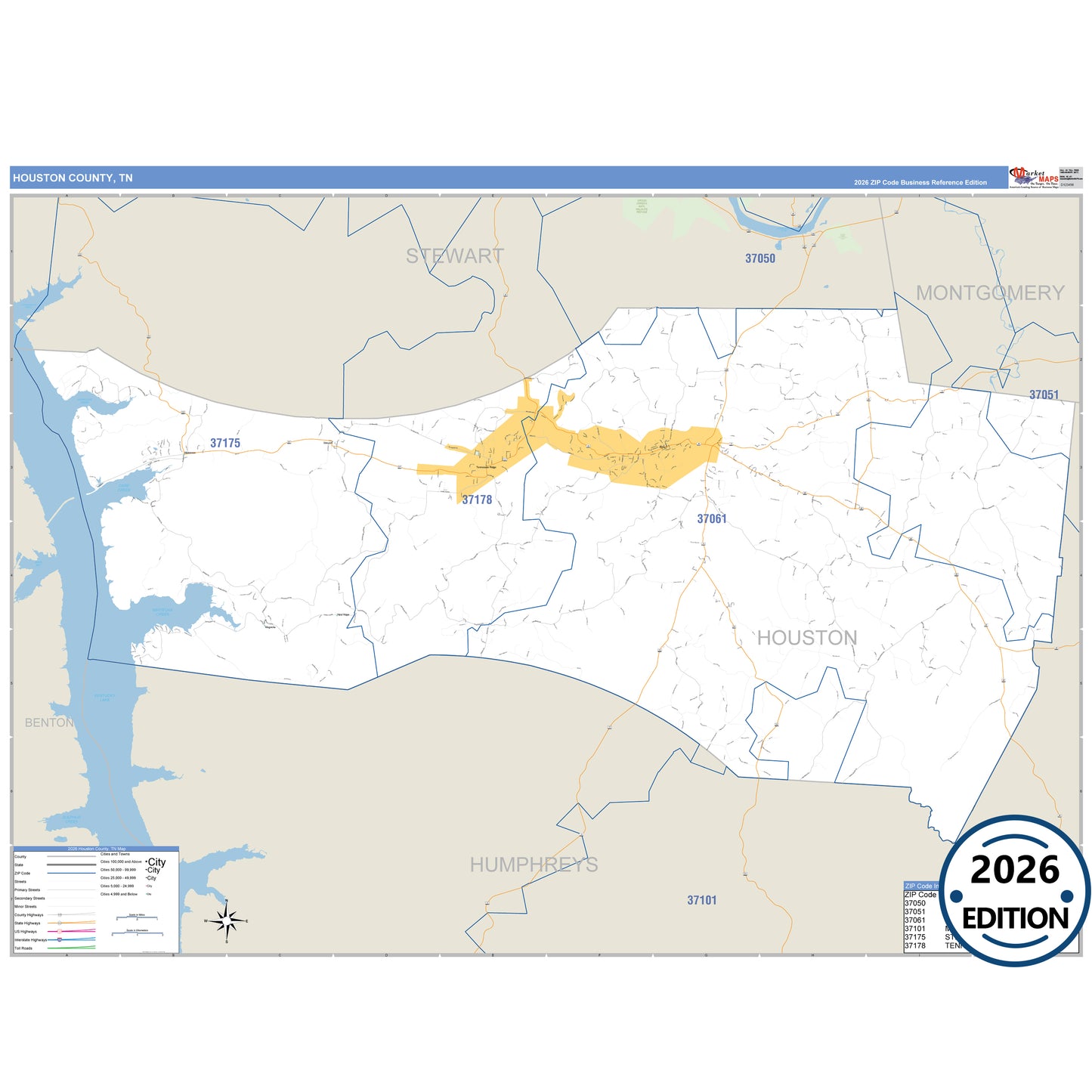 Houston County, TN Business Reference 5 Digit ZIP Code Wall Map