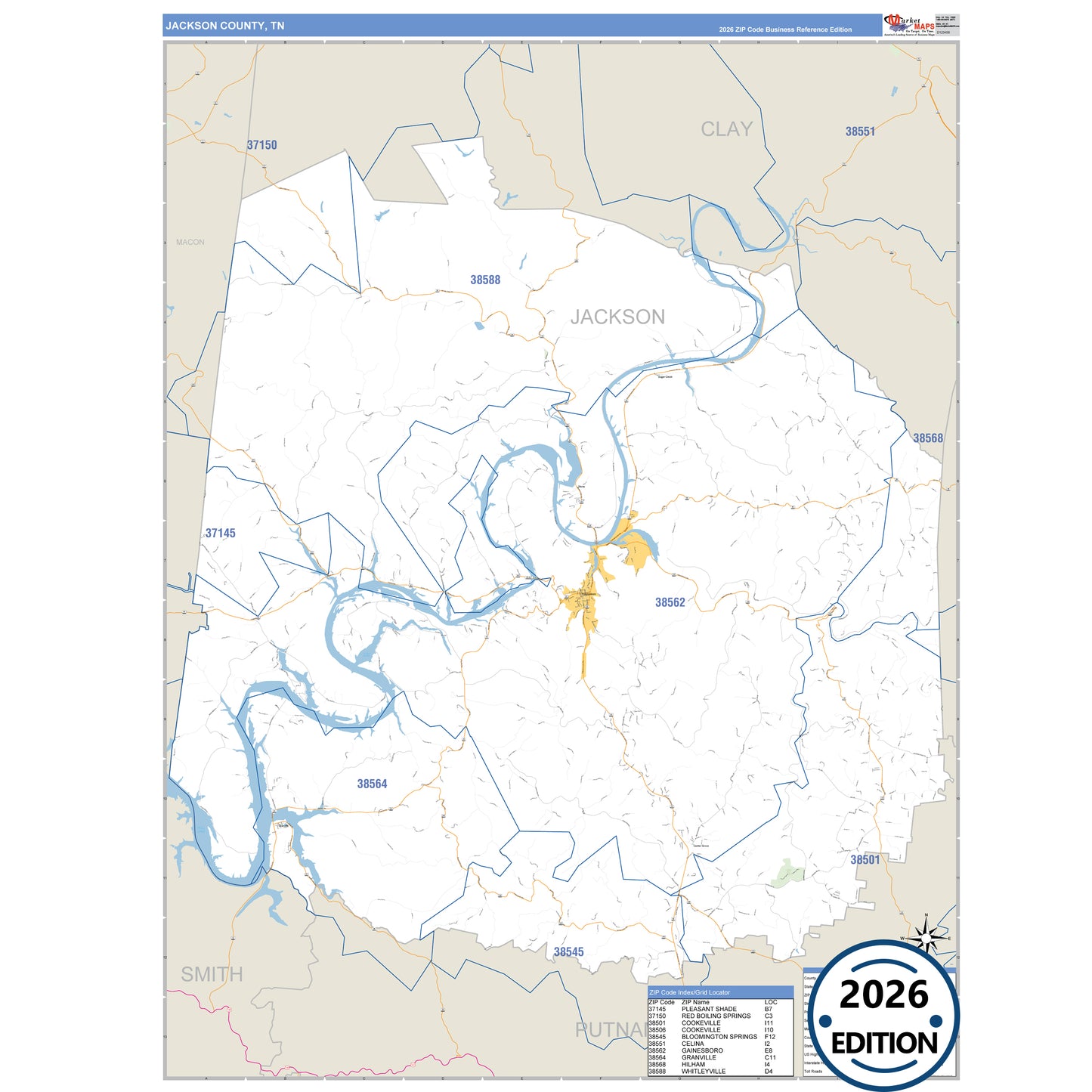 Jackson County, TN Business Reference 5 Digit ZIP Code Wall Map