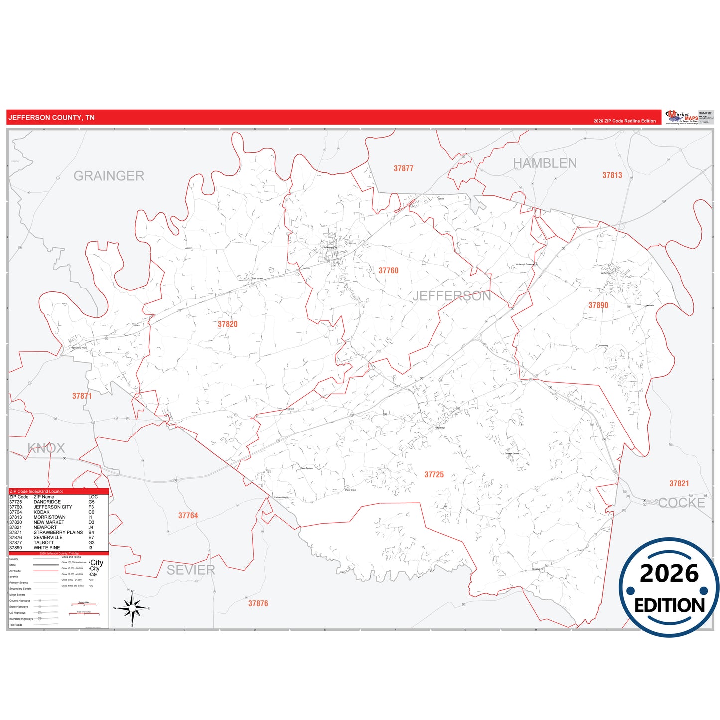 Jefferson County, TN Red Line 5 Digit ZIP Code Wall Map