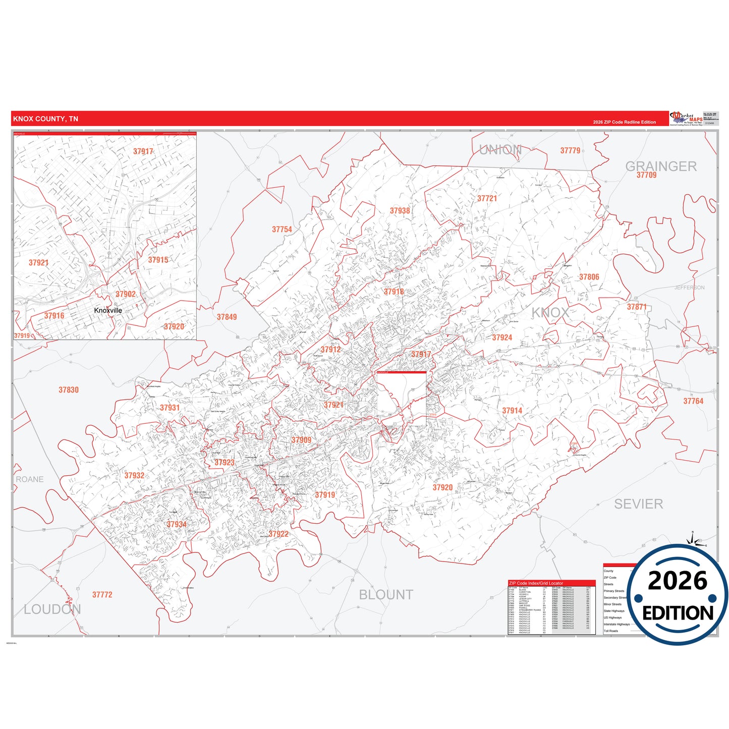 Knox County, TN Red Line 5 Digit ZIP Code Wall Map