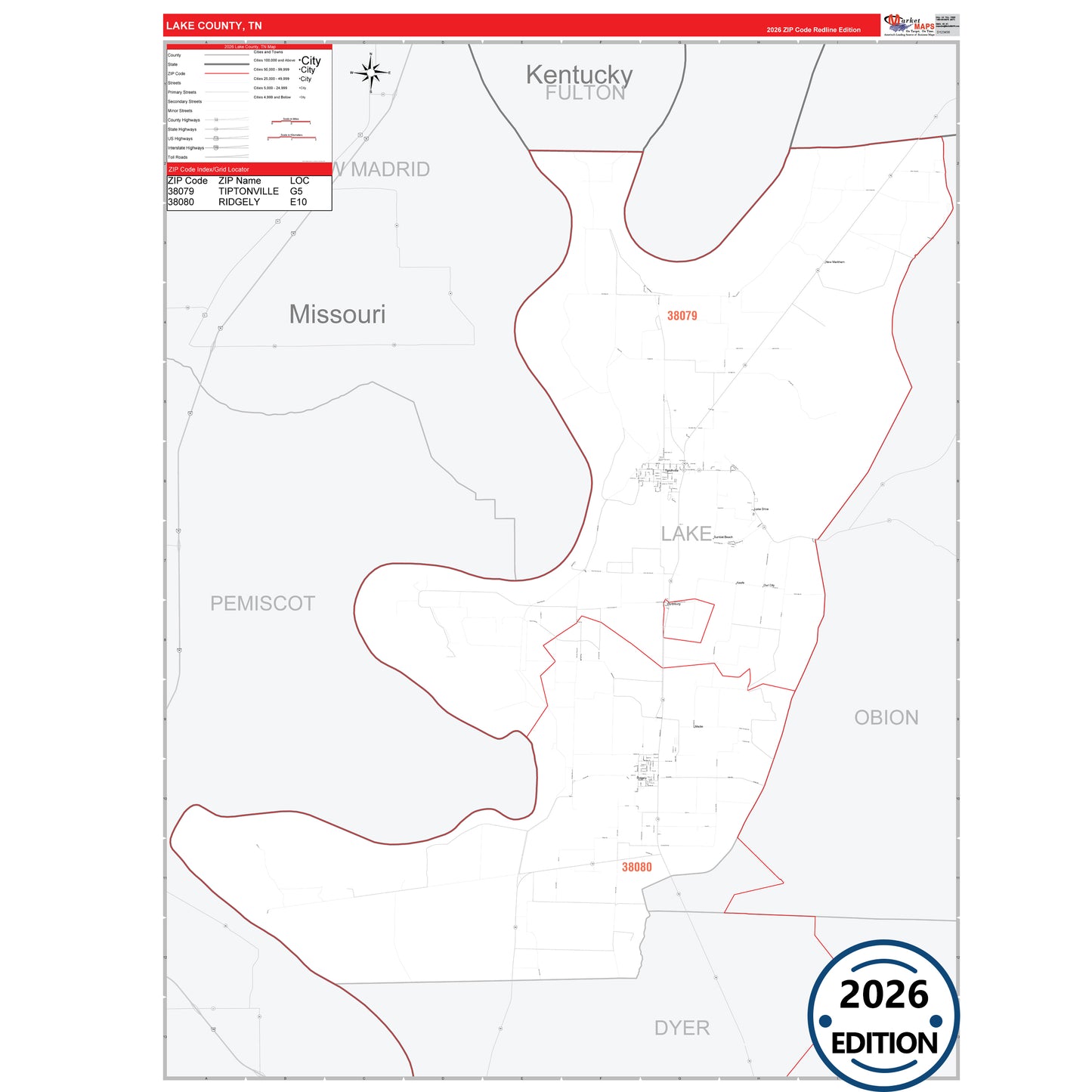 Lake County, TN Red Line 5 Digit ZIP Code Wall Map