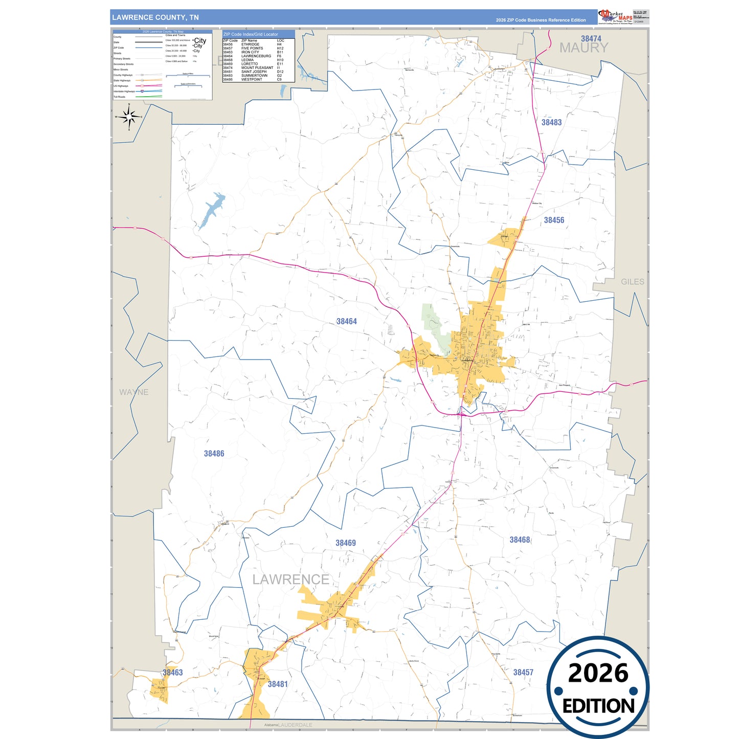 Lawrence County, TN Business Reference 5 Digit ZIP Code Wall Map
