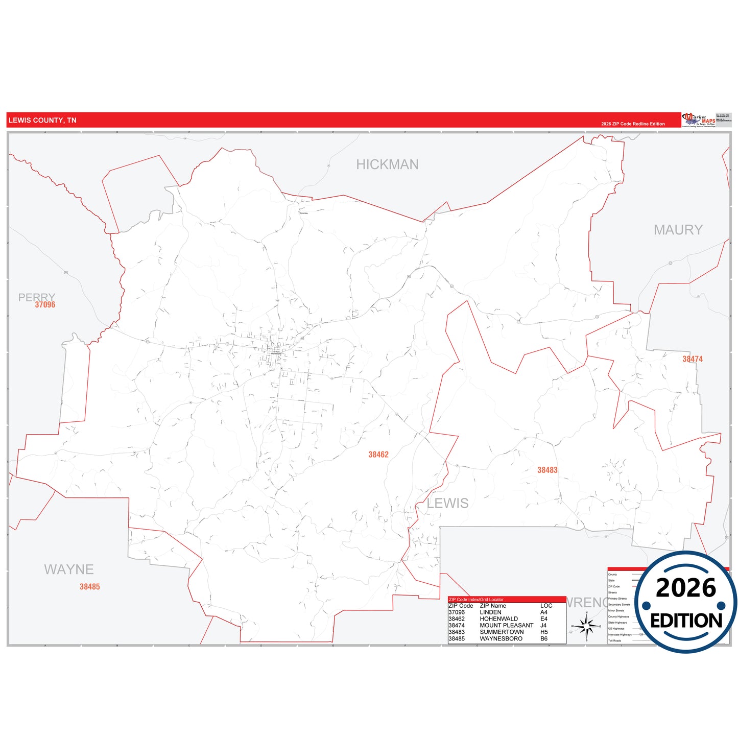 Lewis County, TN Red Line 5 Digit ZIP Code Wall Map