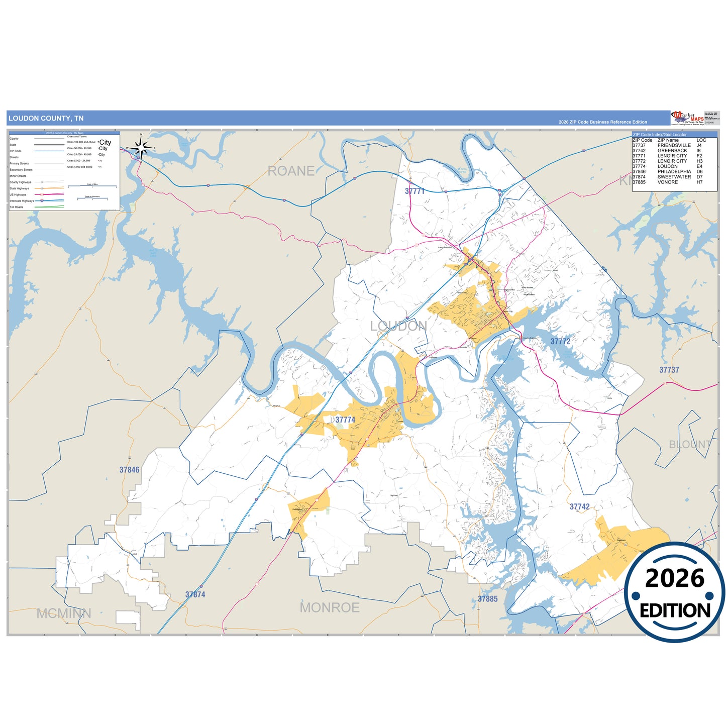 Loudon County, TN Business Reference 5 Digit ZIP Code Wall Map