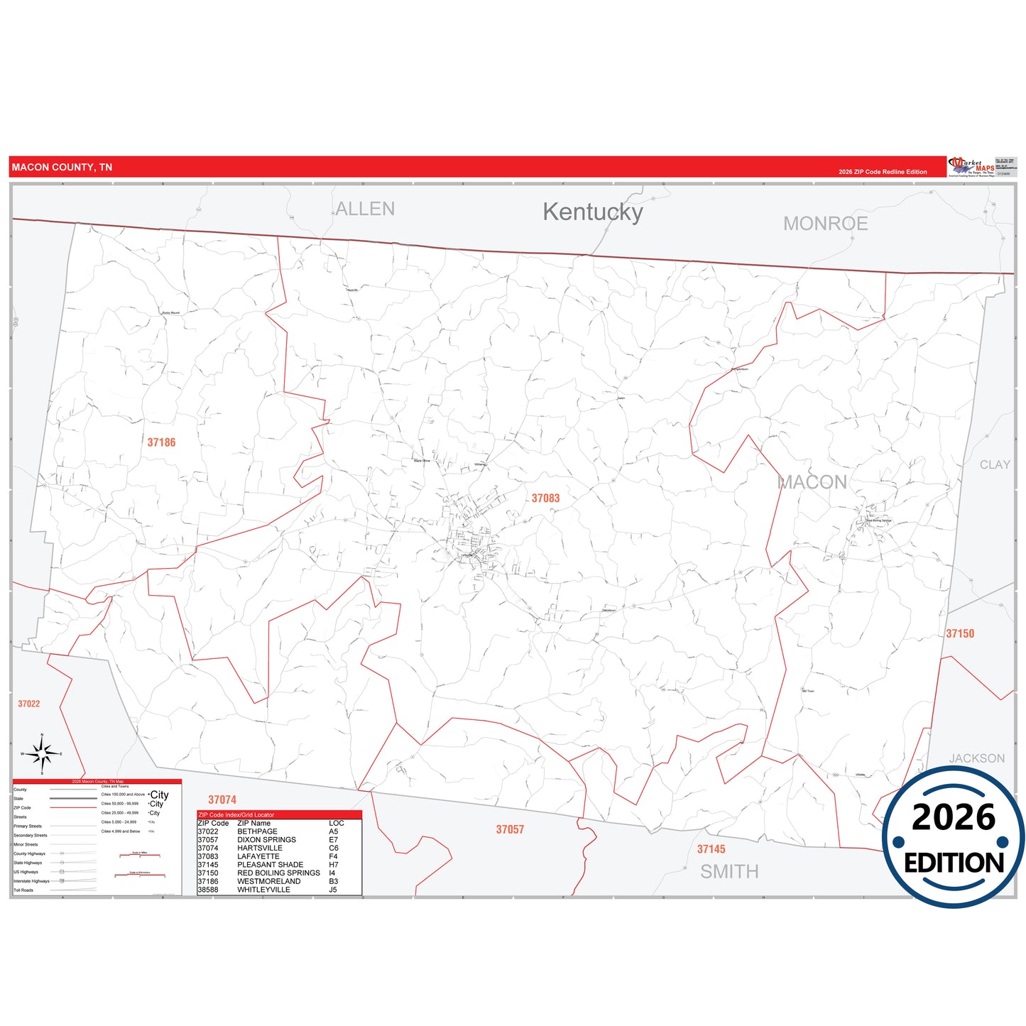 Macon County, TN Red Line 5 Digit ZIP Code Wall Map