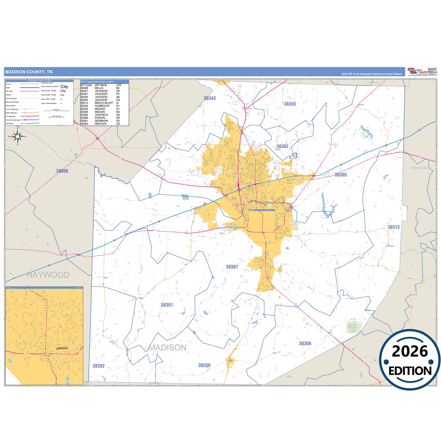 Madison County, TN Business Reference 5 Digit ZIP Code Wall Map