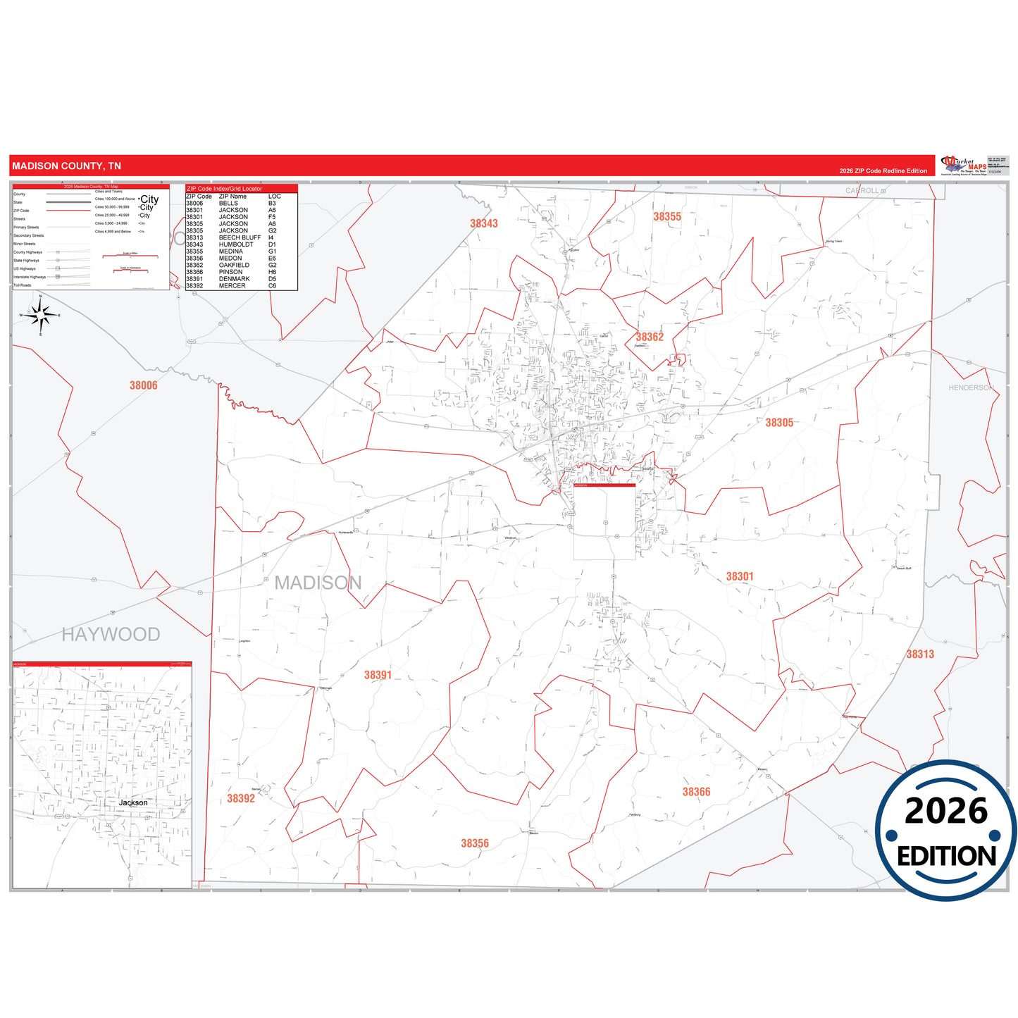 Madison County, TN Red Line 5 Digit ZIP Code Wall Map