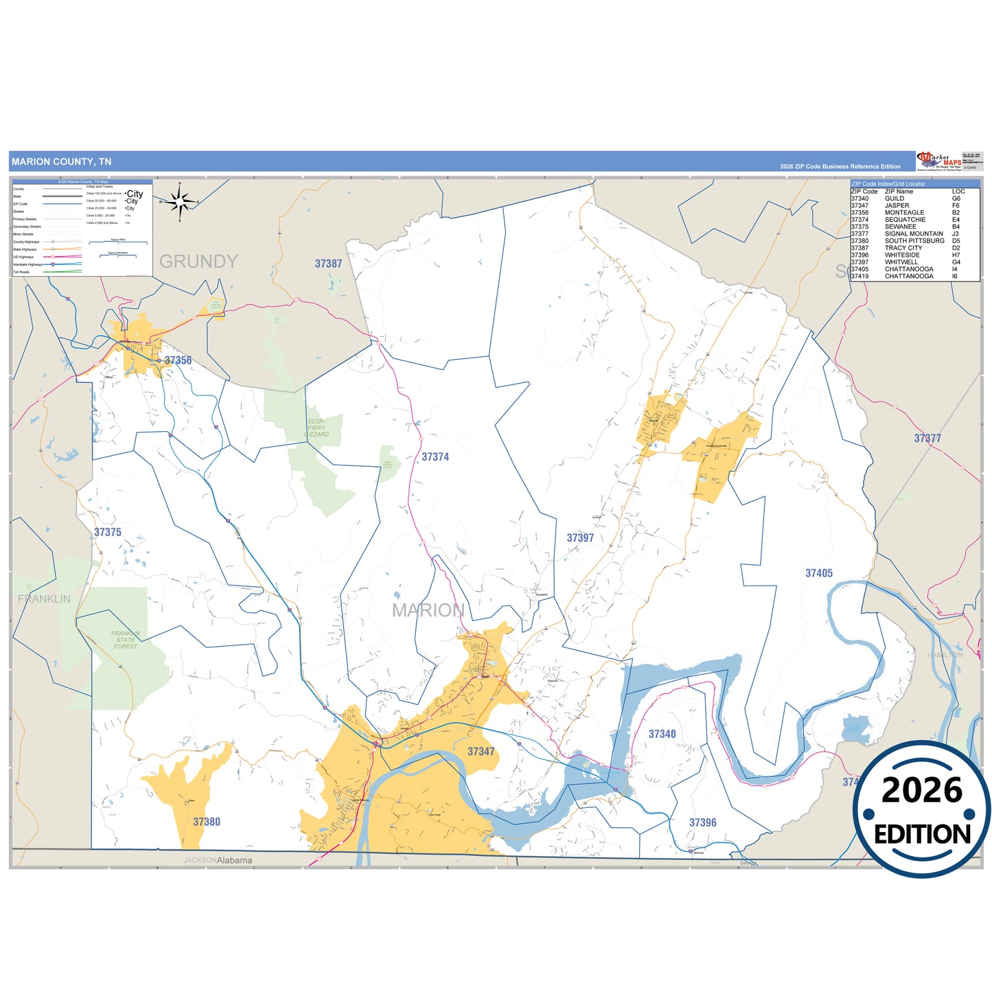 Marion County, TN Business Reference 5 Digit ZIP Code Wall Map
