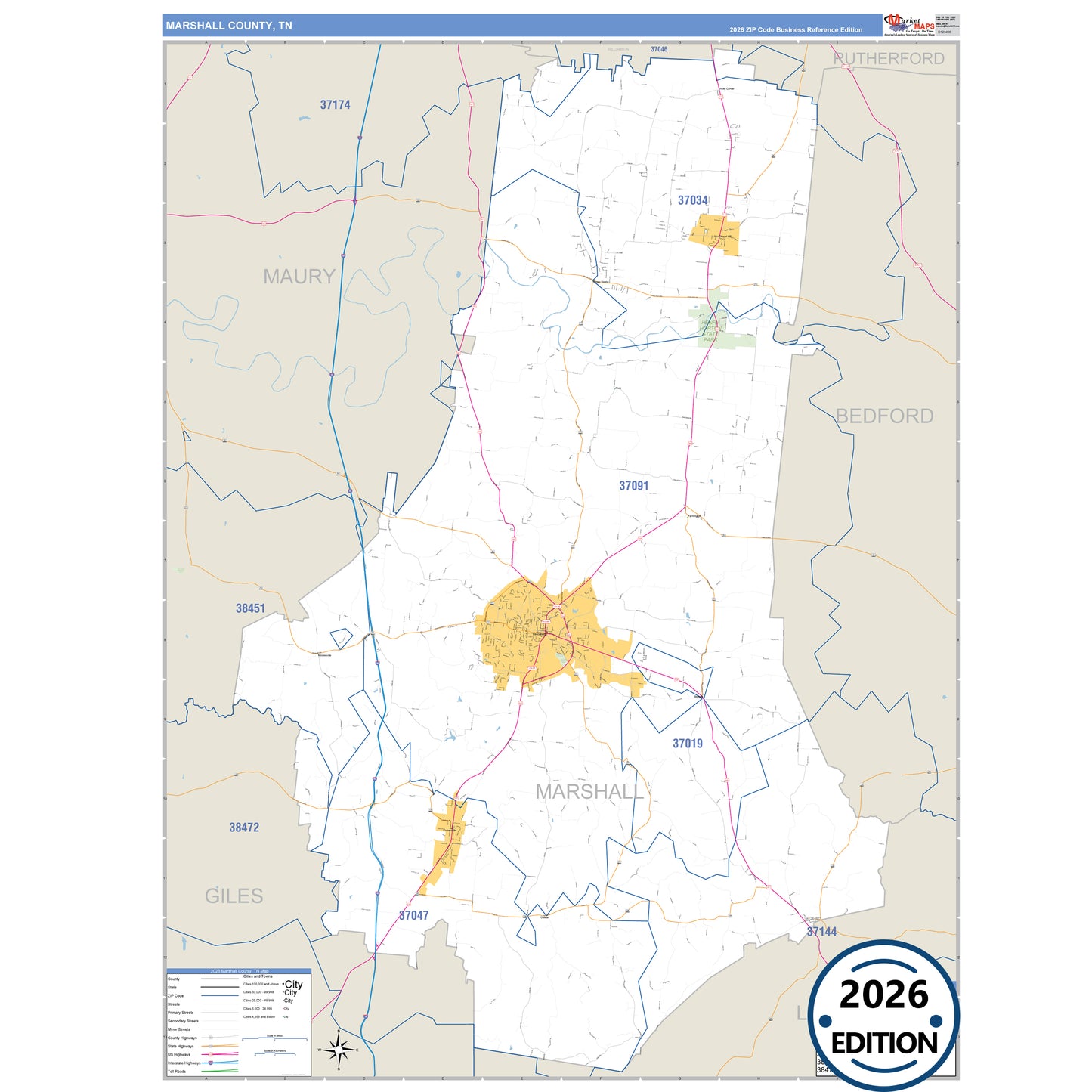 Marshall County, TN Business Reference 5 Digit ZIP Code Wall Map