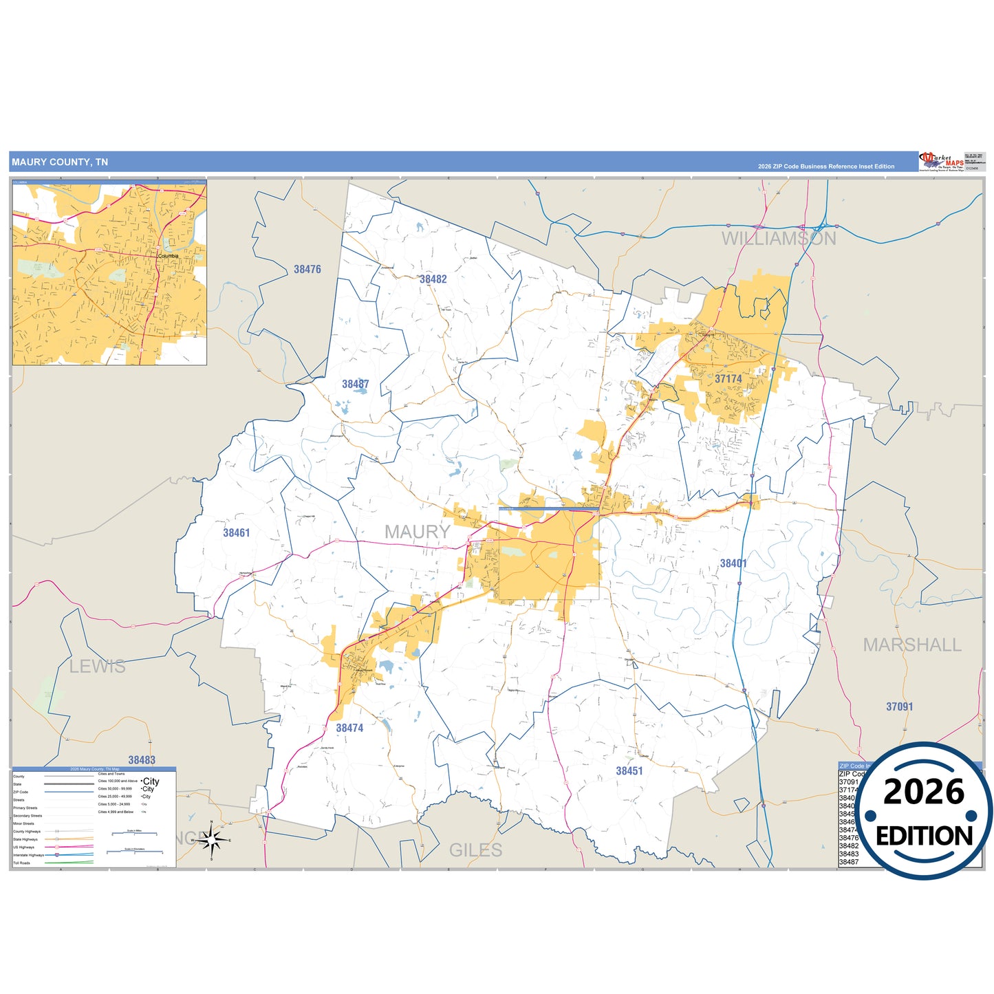 Maury County, TN Business Reference 5 Digit ZIP Code Wall Map