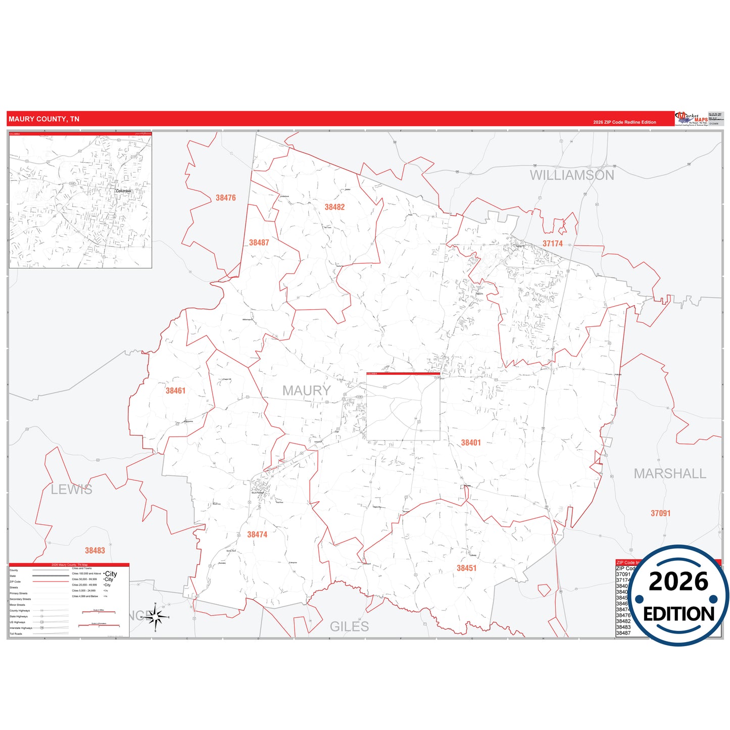 Maury County, TN Red Line 5 Digit ZIP Code Wall Map