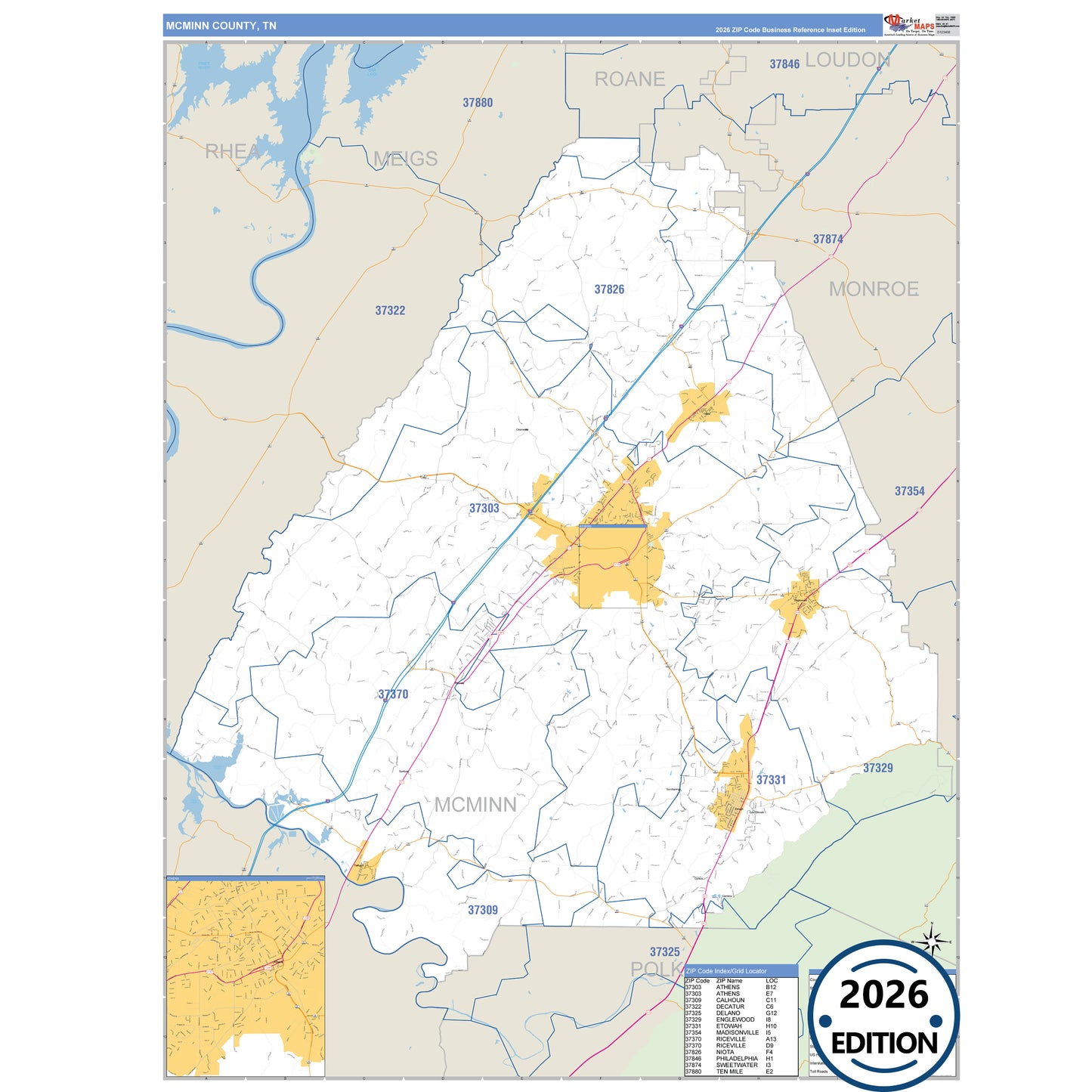 McMinn County, TN Business Reference 5 Digit ZIP Code Wall Map