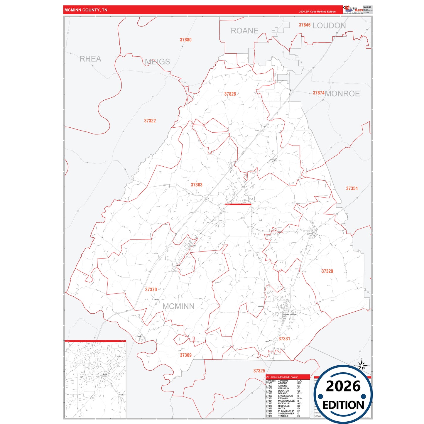 McMinn County, TN Red Line 5 Digit ZIP Code Wall Map