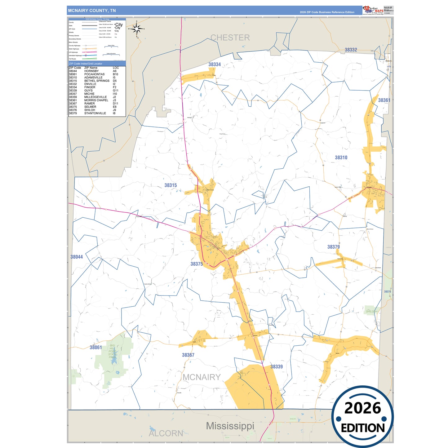 McNairy County, TN Business Reference 5 Digit ZIP Code Wall Map