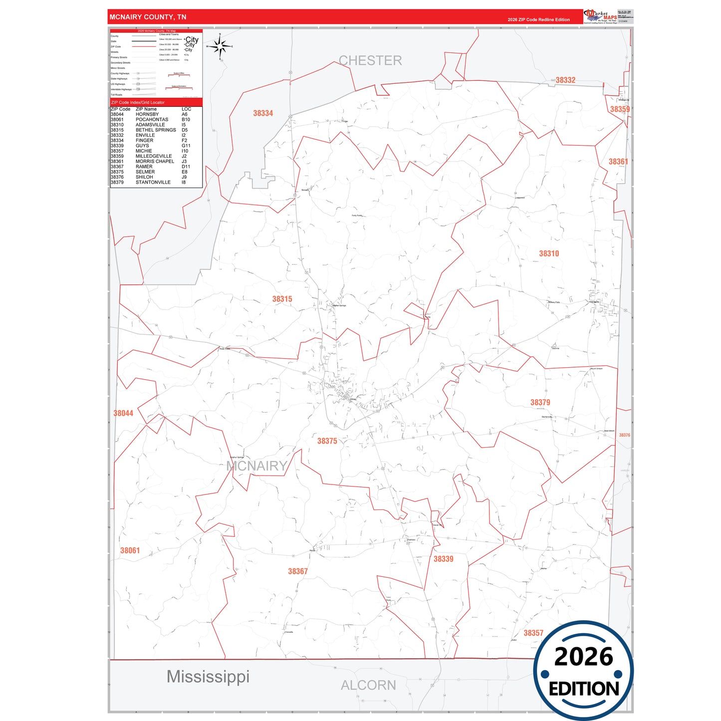 McNairy County, TN Red Line 5 Digit ZIP Code Wall Map
