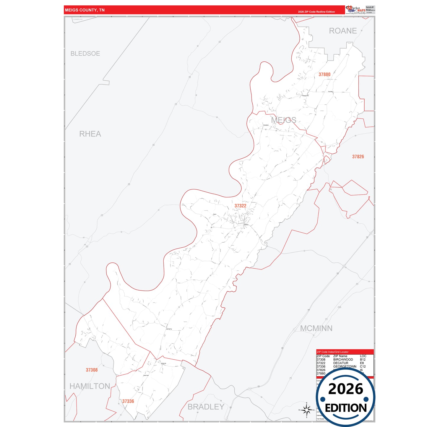 Meigs County, TN Red Line 5 Digit ZIP Code Wall Map