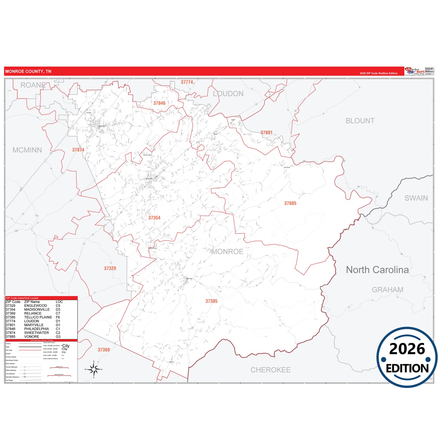 Monroe County, TN Red Line 5 Digit ZIP Code Wall Map