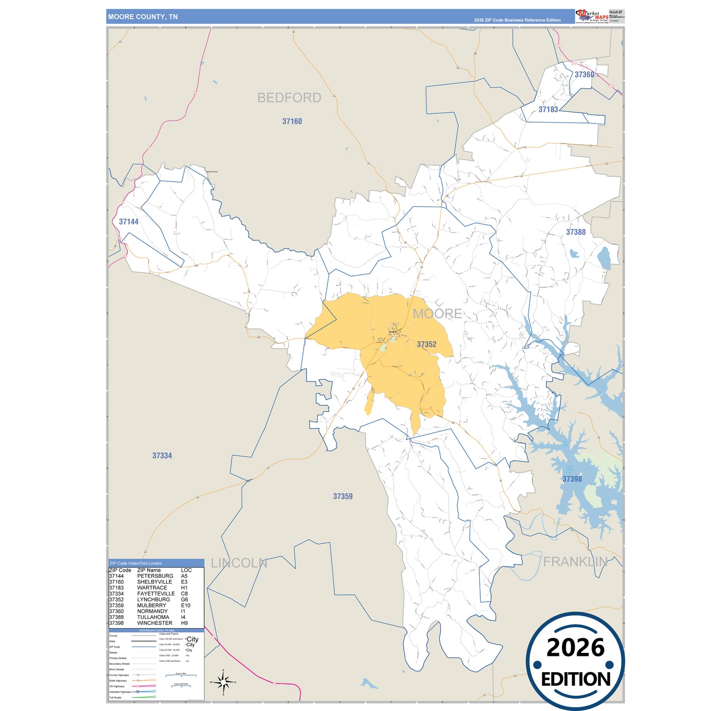 Moore County, TN Business Reference 5 Digit ZIP Code Wall Map