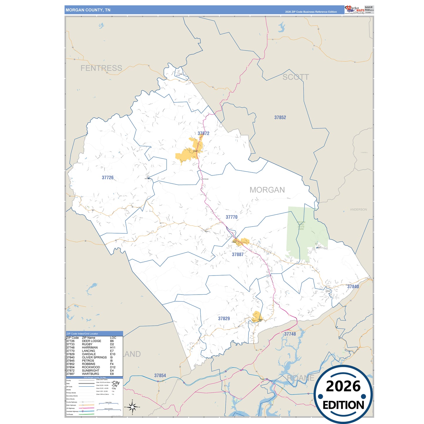 Morgan County, TN Business Reference 5 Digit ZIP Code Wall Map