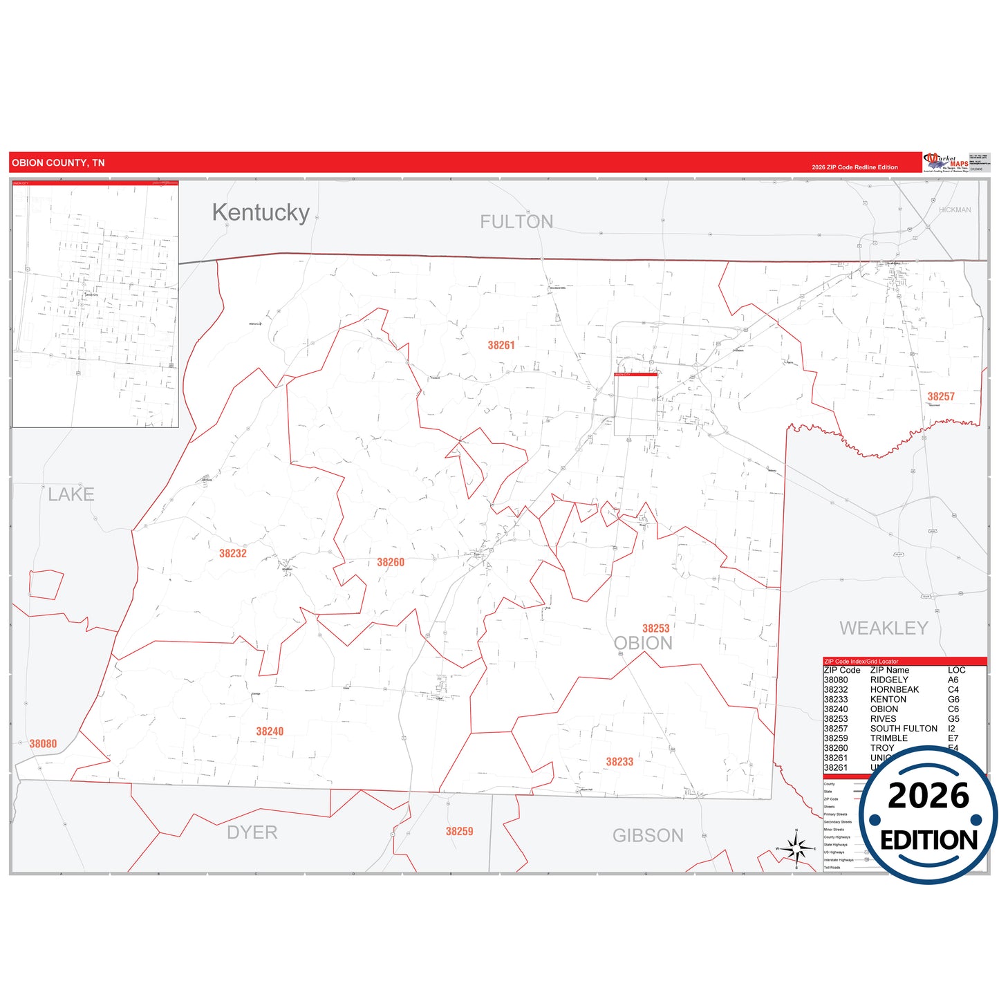 Obion County, TN Red Line 5 Digit ZIP Code Wall Map