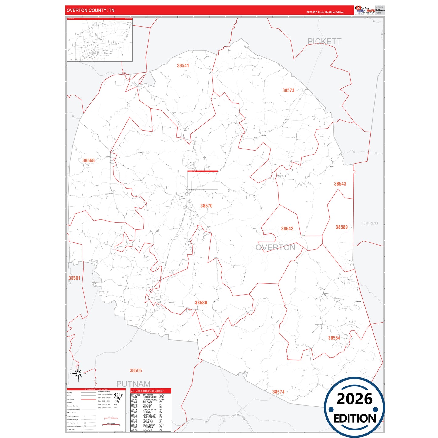 Overton County, TN Red Line 5 Digit ZIP Code Wall Map