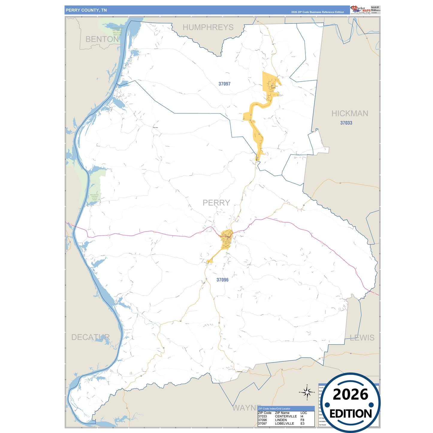 Perry County, TN Business Reference 5 Digit ZIP Code Wall Map