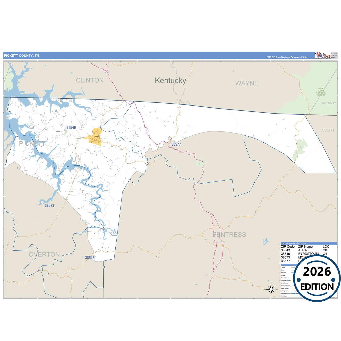 Pickett County, TN Business Reference 5 Digit ZIP Code Wall Map