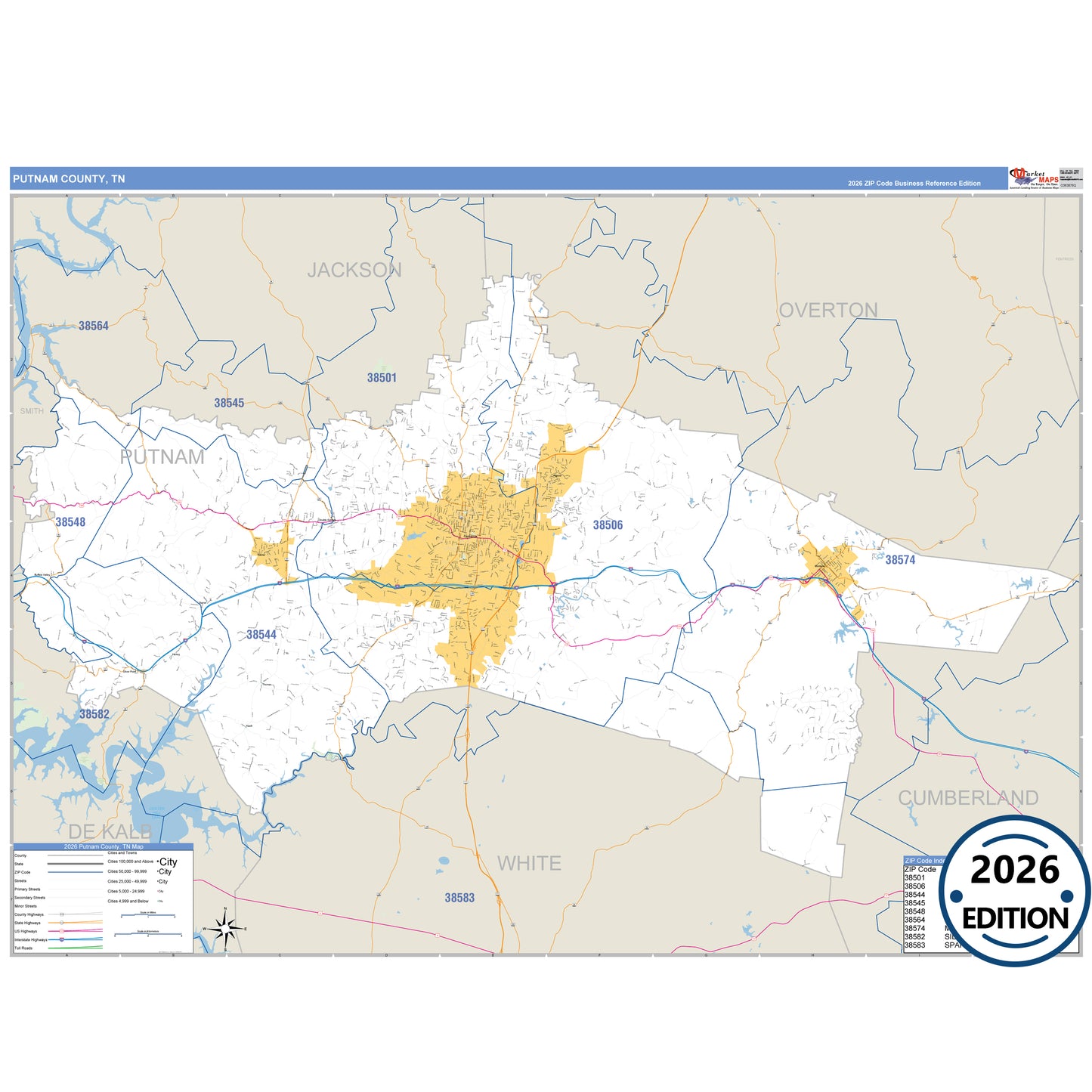 Putnam County, TN Business Reference 5 Digit ZIP Code Wall Map
