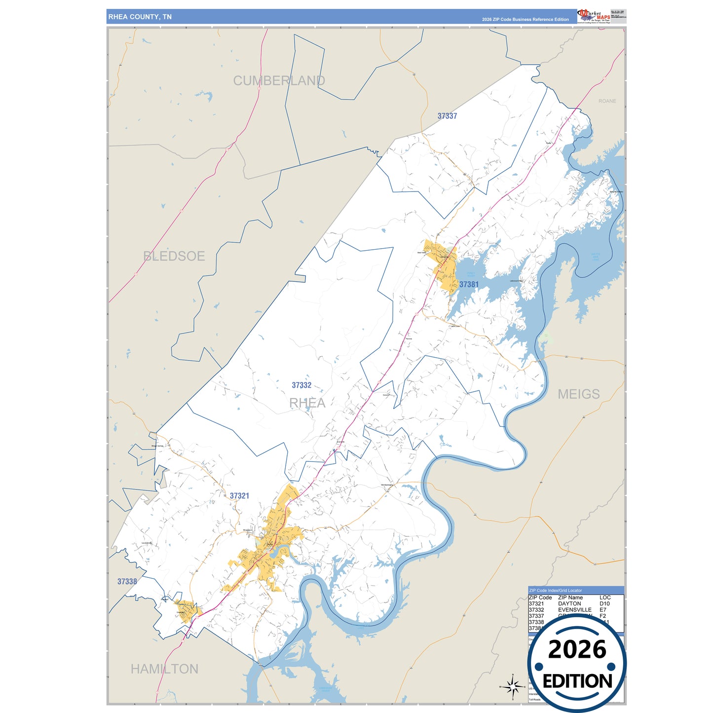 Rhea County, TN Business Reference 5 Digit ZIP Code Wall Map