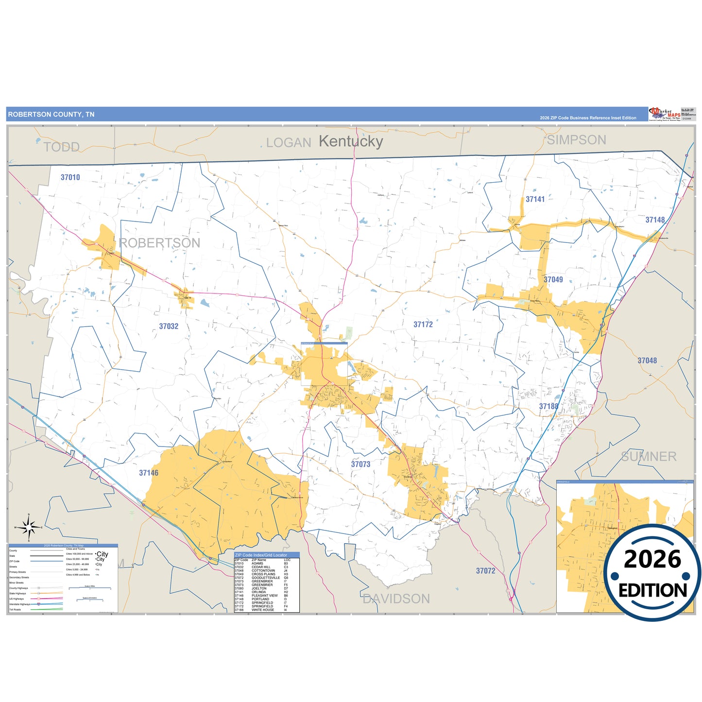 Robertson County, TN Business Reference 5 Digit ZIP Code Wall Map