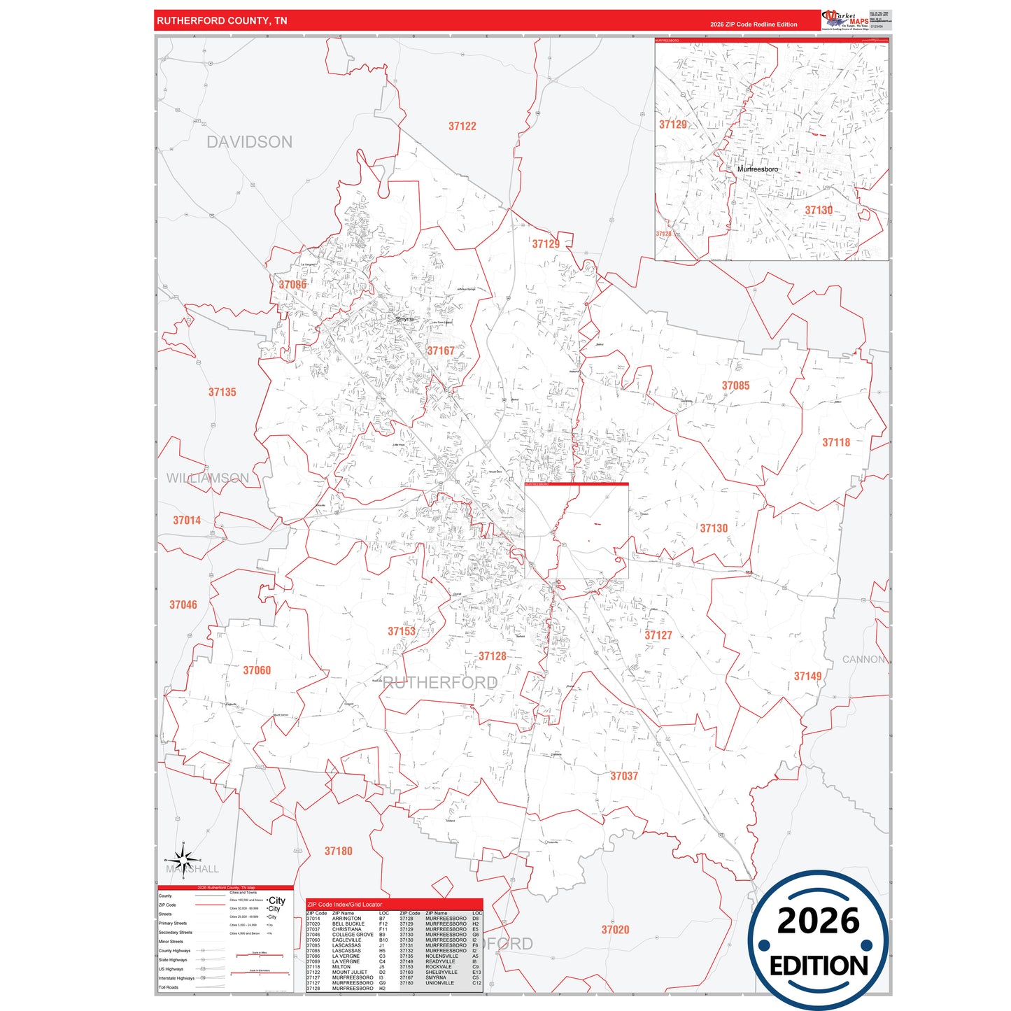 Rutherford County, TN Red Line 5 Digit ZIP Code Wall Map